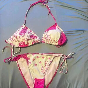 💛White and hot pink flower two-piece Bikini